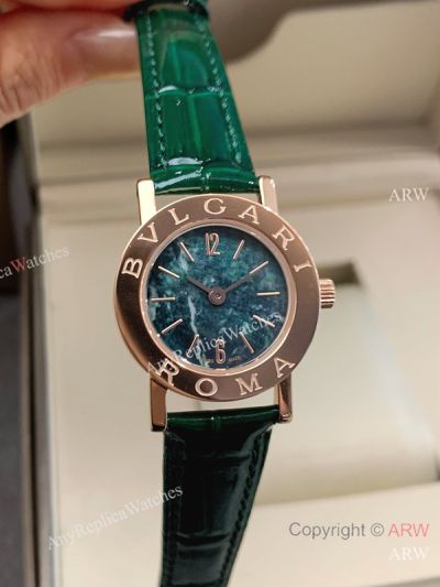 High Quality Replica BVLGARI Green Full-Grain Leather Strap Green Verde Alpi Marble Mother-Of-Pearl Face Dial 316 Stainless Steel Case Watch 26mm